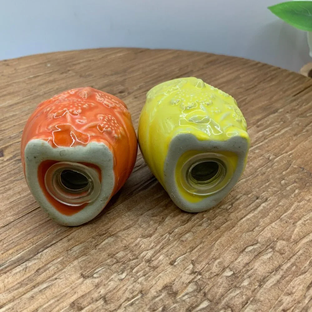 Owls Ceramic Vintage Orange Yellow Miniature Salt and Pepper Shakers
